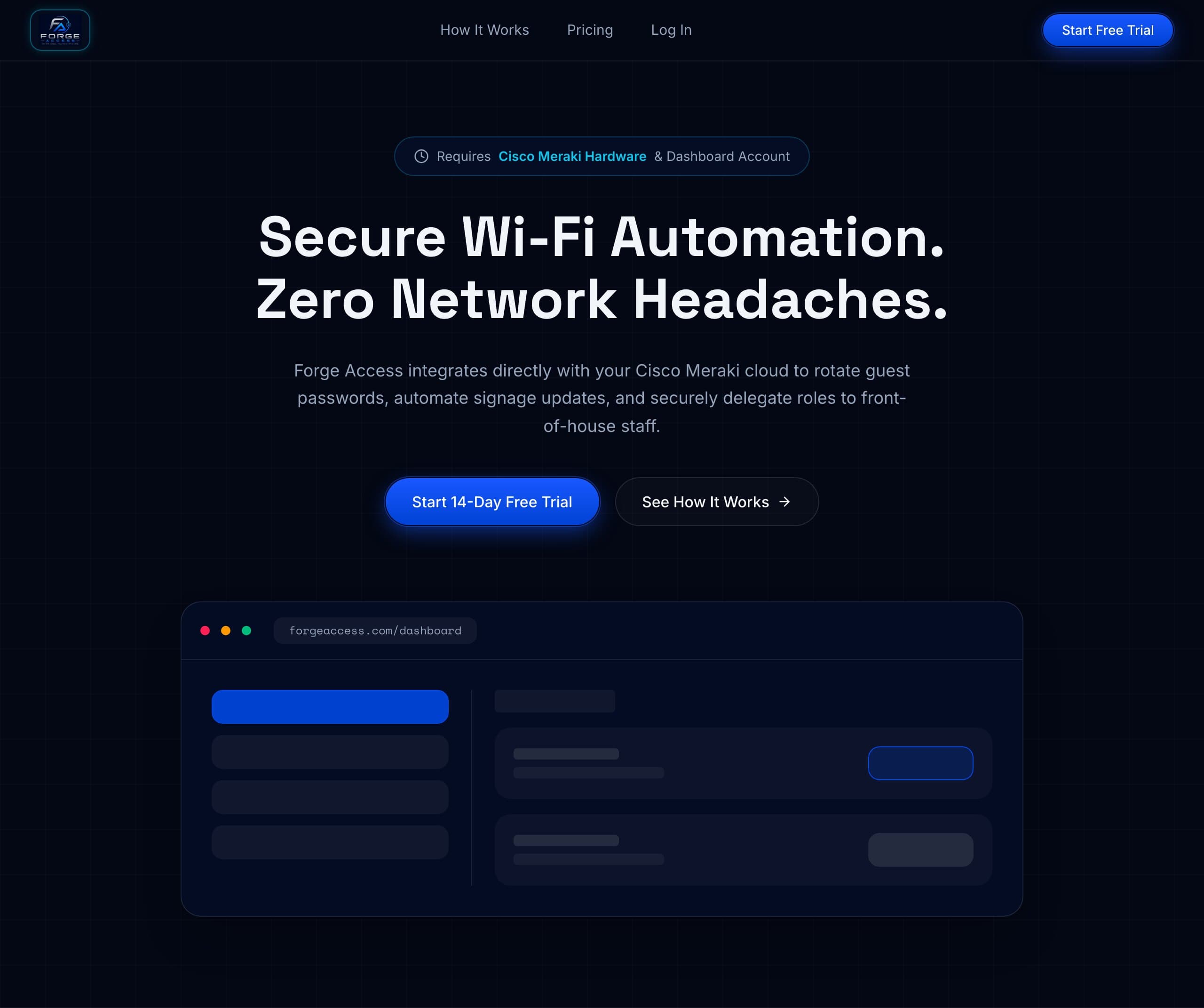 Forge Access homepage hero with the dashboard preview