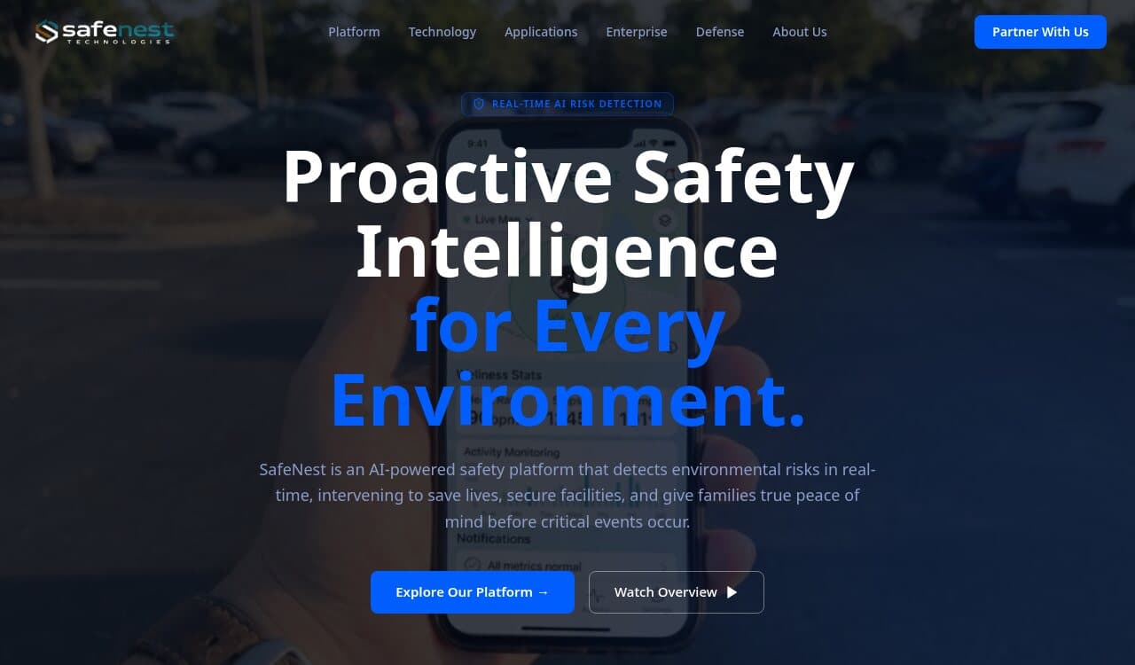 SafeNest homepage hero over a phone showing live monitoring