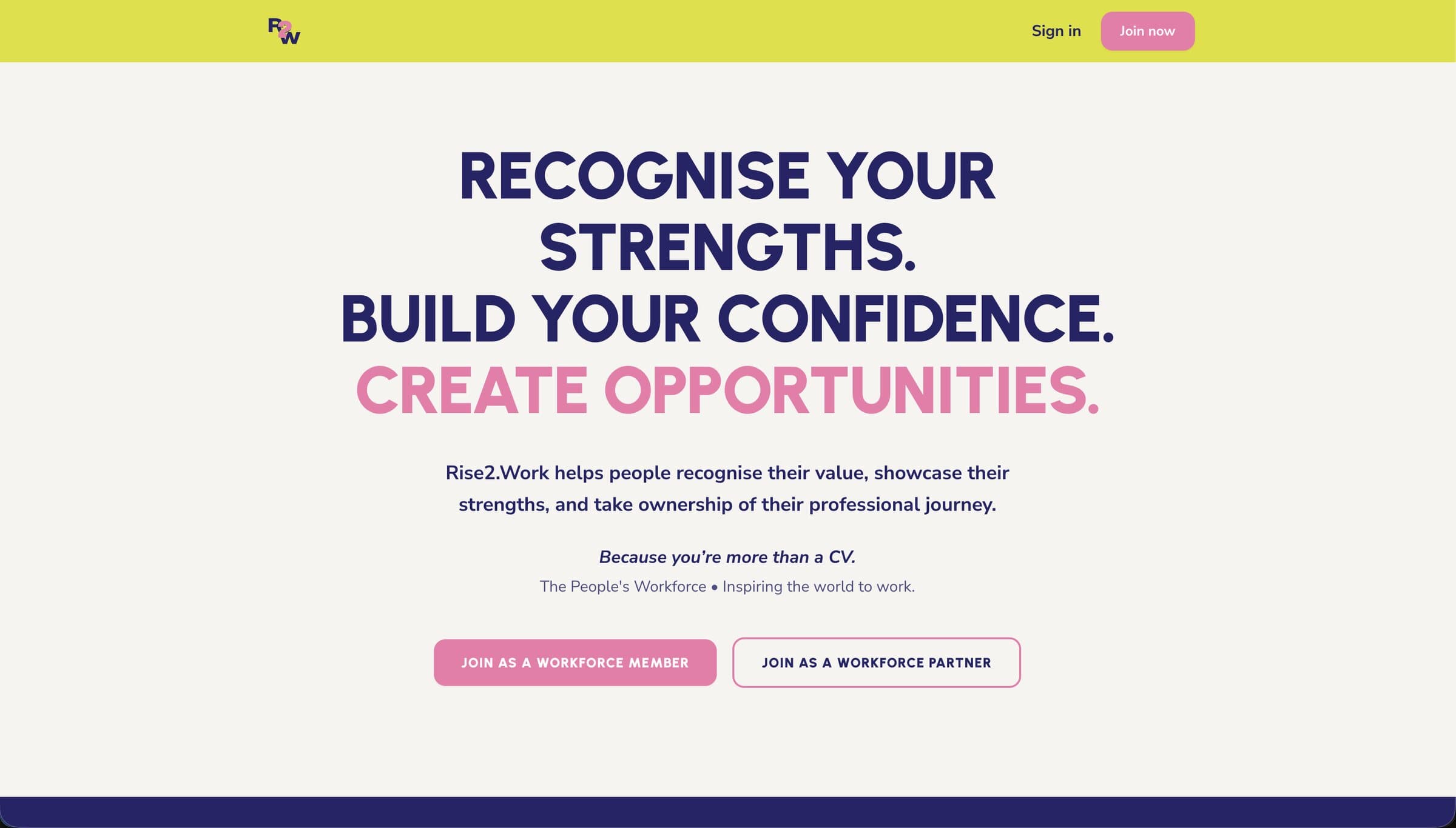 Rise2work homepage with calls to join as a workforce member or partner