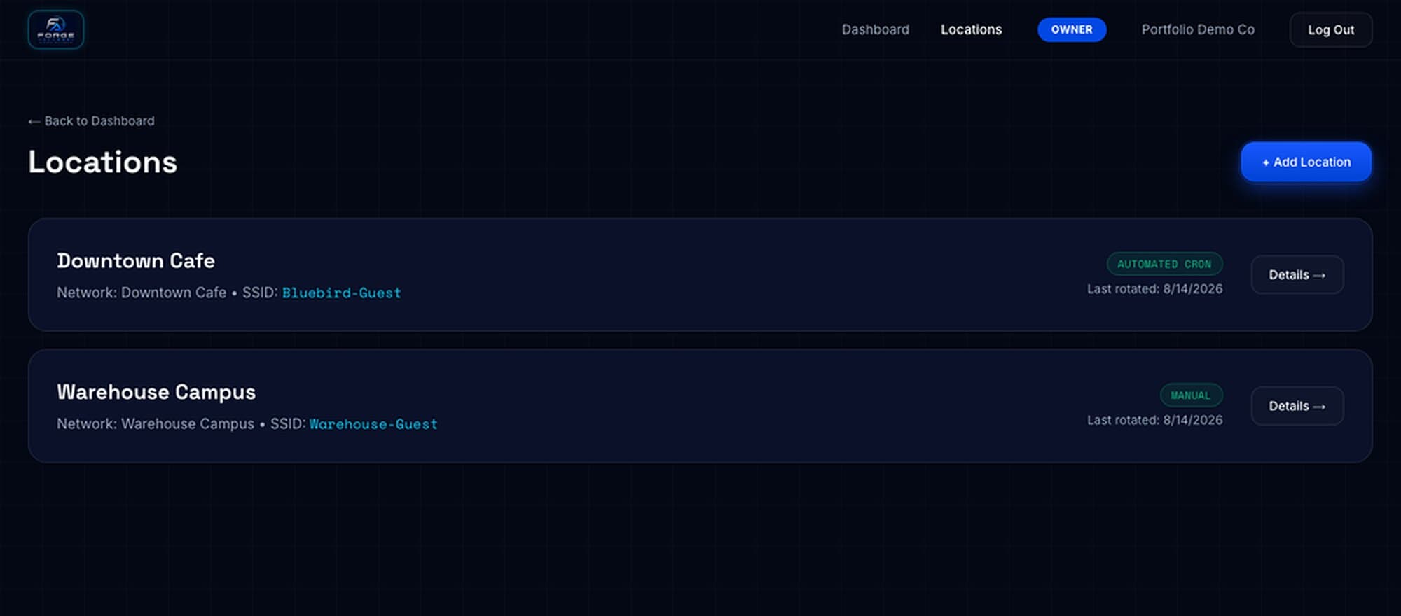 Forge Access locations list showing automated and manual rotation per network