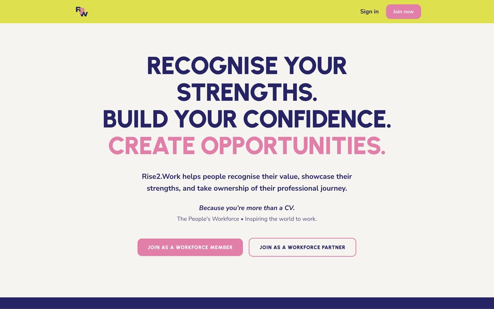 Rise2work homepage: Recognise your strengths. Build your confidence.