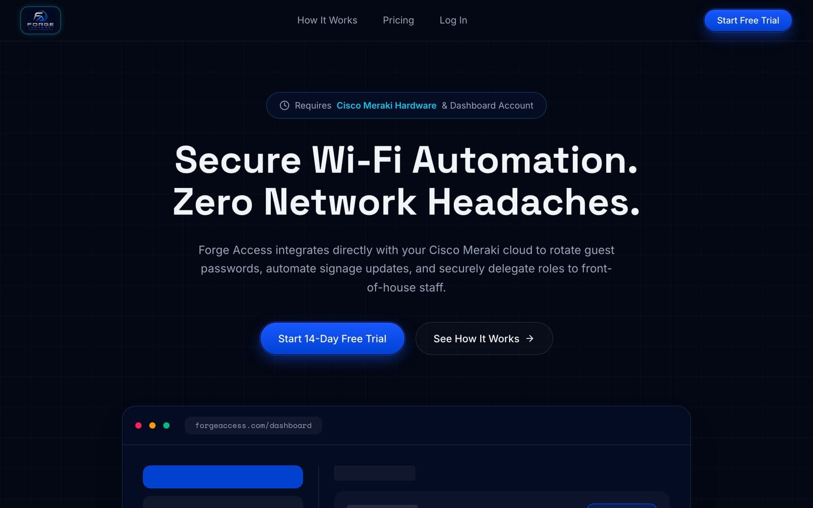 Forge Access homepage: Secure Wi-Fi automation, zero network headaches