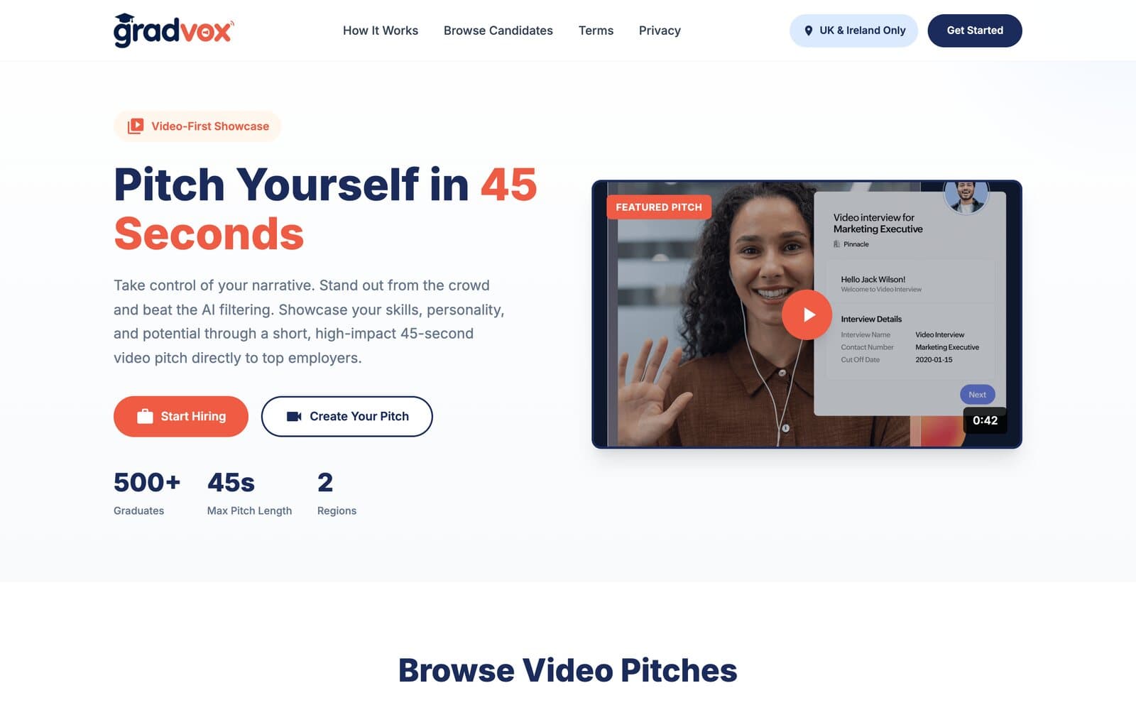 GradVox landing page: Pitch yourself in 45 seconds