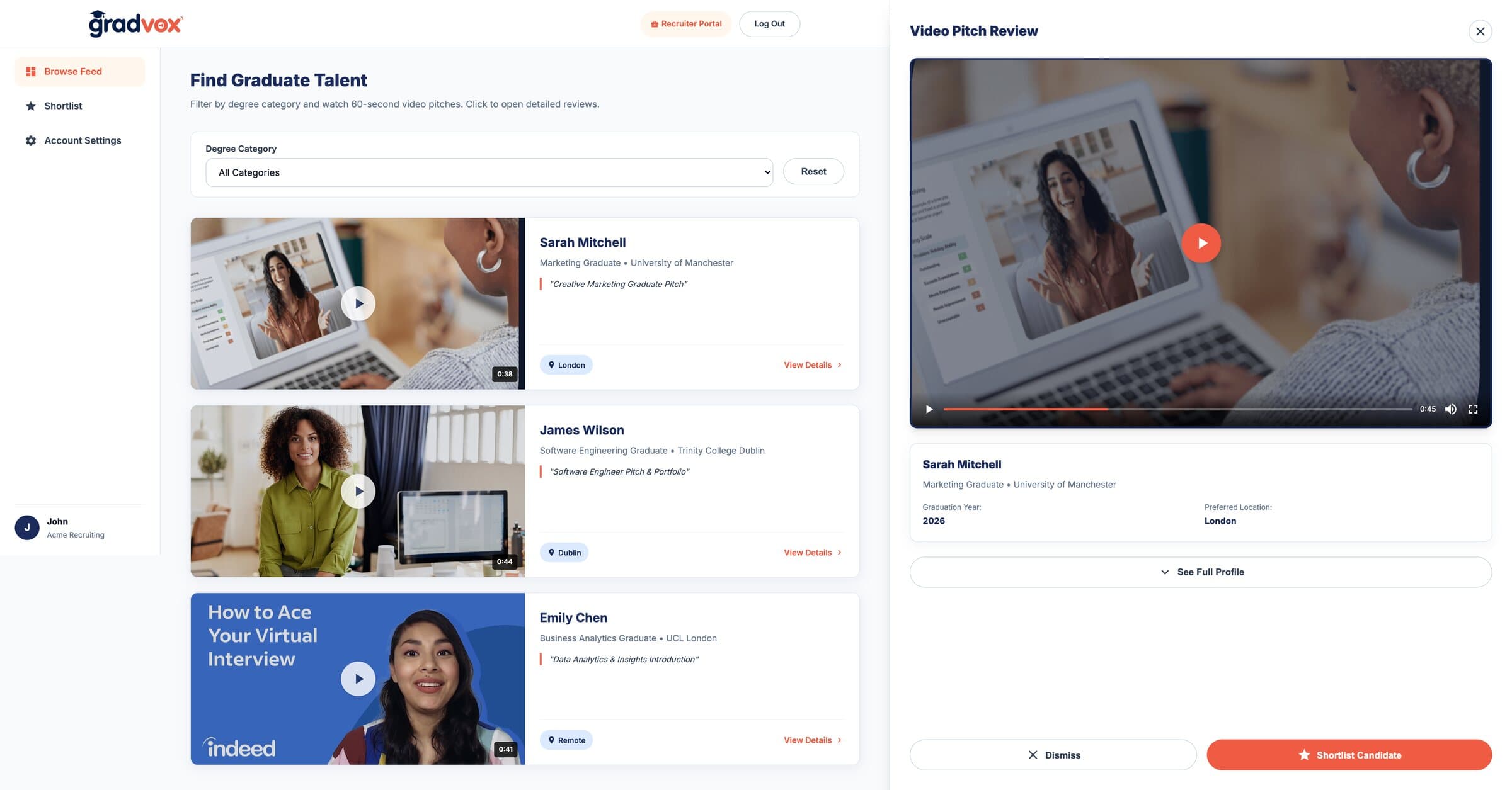GradVox recruiter browse feed with a video pitch review panel open