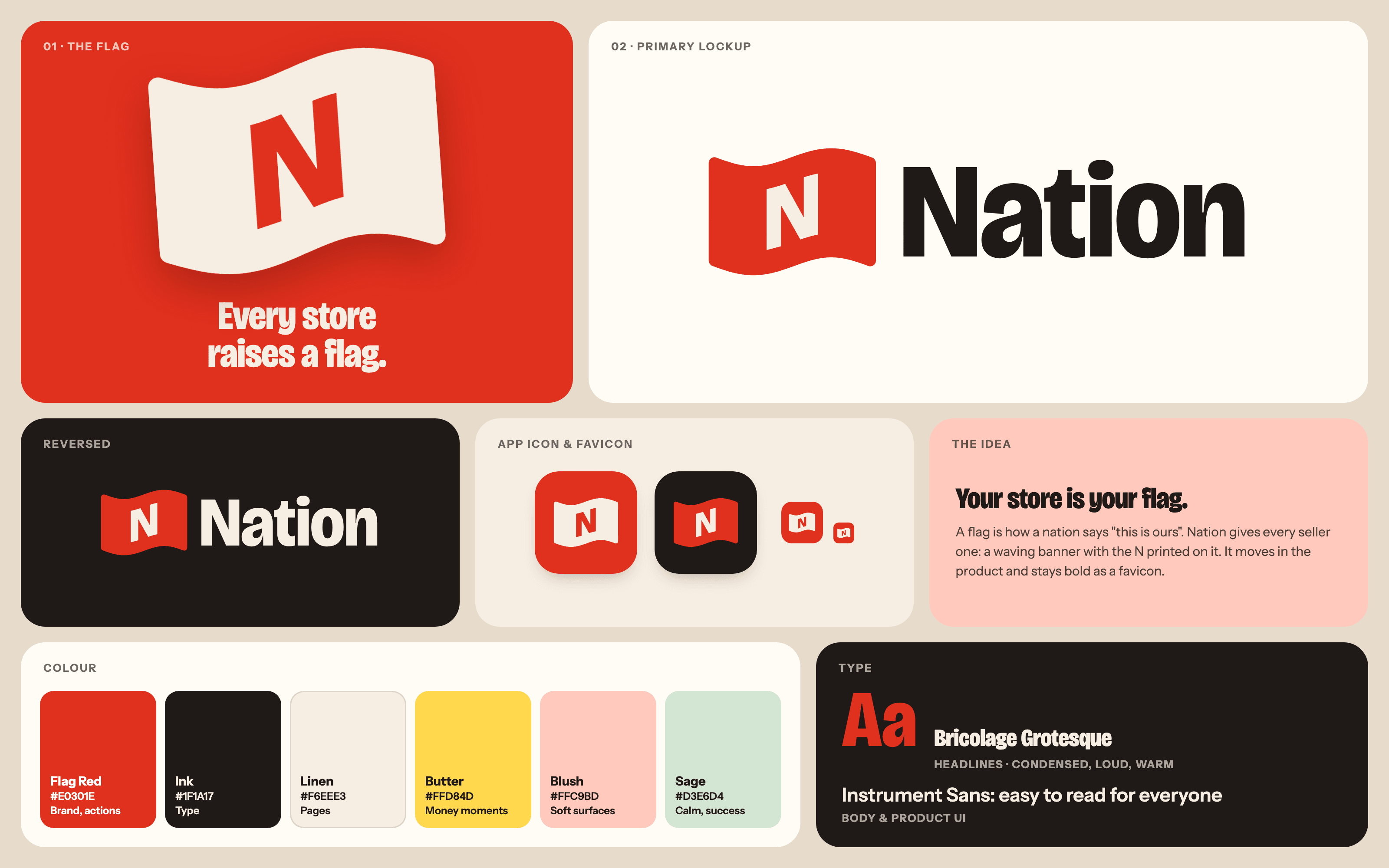 Raise your flag logo board: the flag, primary lockup, reversed version, app icons, palette and type